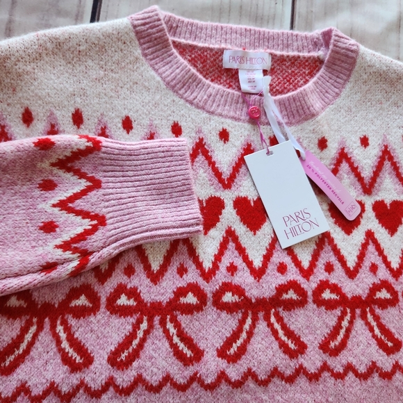 NWT Paris Hilton Pullover Crewneck Sweater Pink Hearts Bows | Women's Size M - Picture 3 of 10